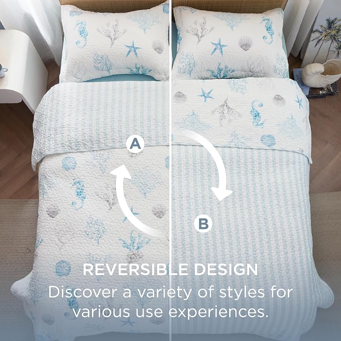 Bedsure Coastal Bedding King Size, Reversible Beach Quilts, Ocean Comforter | - Image 3