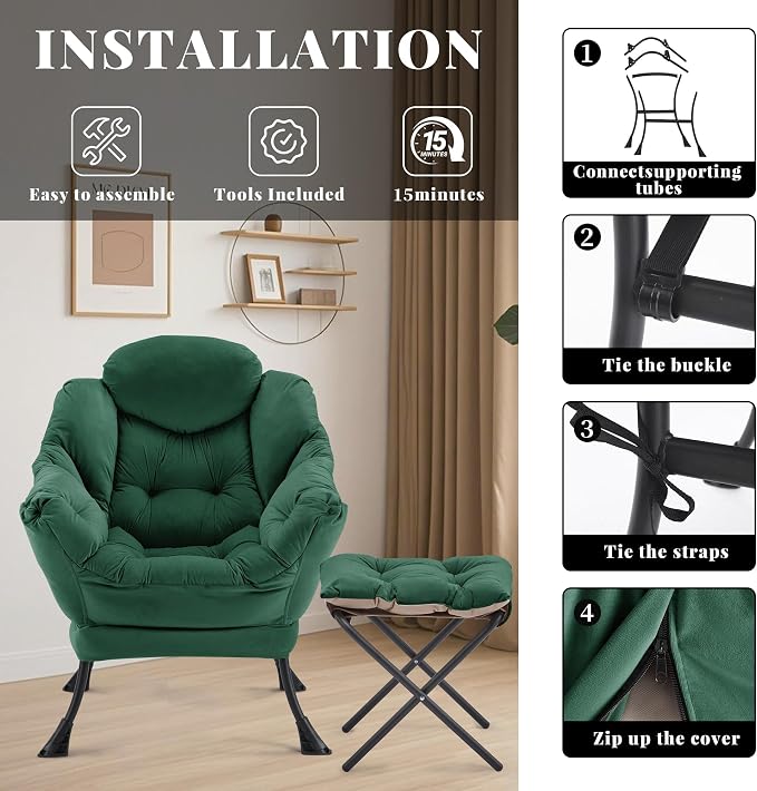 Lazy Chair with Ottoman, Comfy Reading Chair, Emerald Green | Cushioned Seat - Image 9