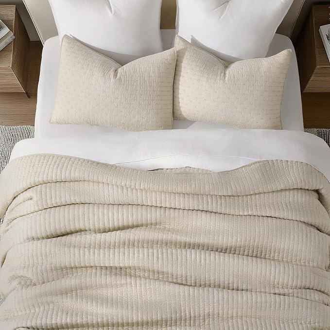 100% Cotton Cross Stitch 3-Piece Quilt Set, Flax Beige | 100% Cotton, Elegant - Image 4