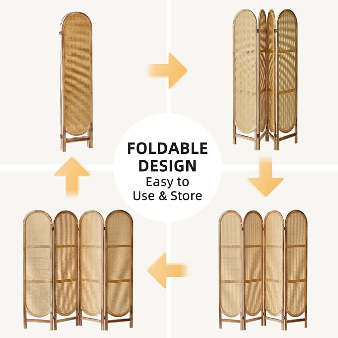 4 Panel Rattan Room Divider, Folding Room Divider Screen, Natural | Pine Wood - Image 8