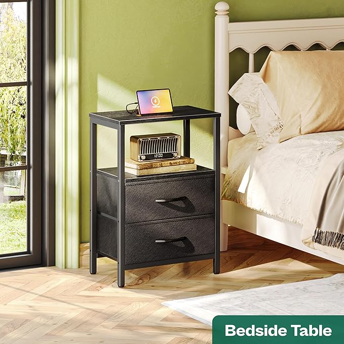 Huuger Nightstand with Charging Station, Side Table with Fabric Drawers | End - Image 2