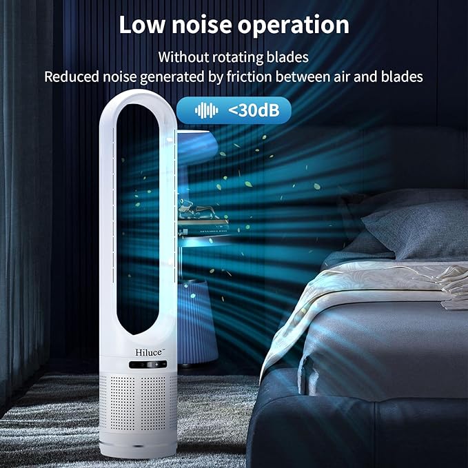 Hiluce 3-in-1 Bladeless Fan with Air Purifier,Indoor Heater,Fan and Heater Combo HEPA Filter,Tip-Over Switch,26ft/s Quiet Tower Fans,80°Oscillating, 8 Speeds, 9H Timer, 32 inch Large