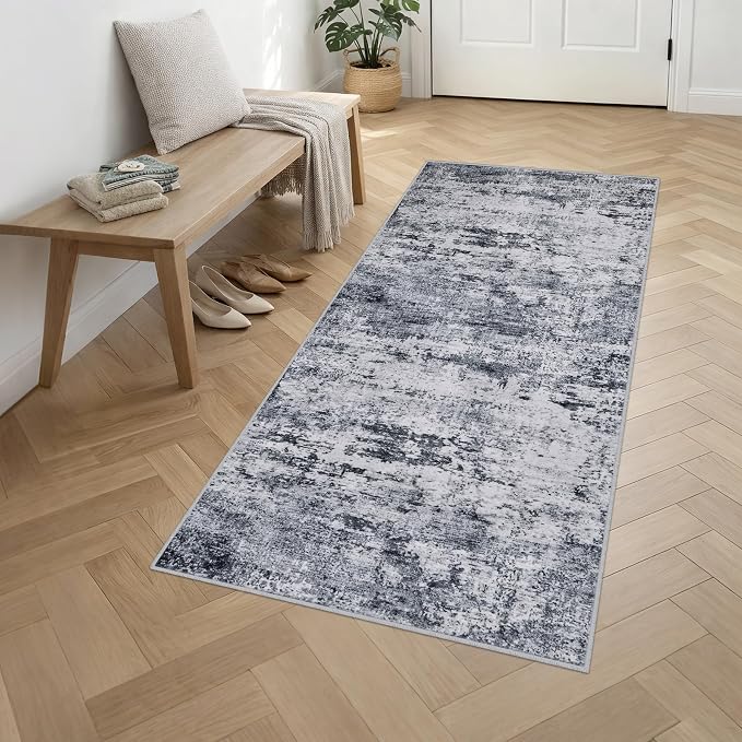 3x8 Washable Runner Rug：Modern Abstract Kitchen Soft Carpet Grey | - Image 3