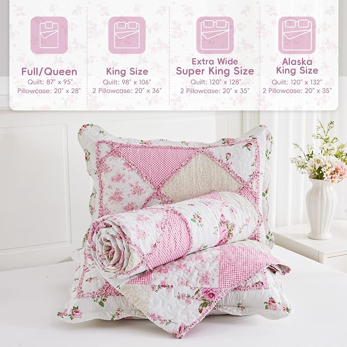Full/Queen Size Quilt Set Pink Floral Patchwork Bedspreads Coverlet Set | - Image 6