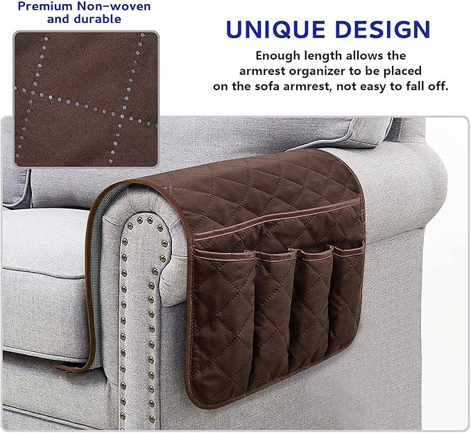 Armchair Caddy for Recliner, Non Slip Sofa Arm Organizer, Dark Brown | 5-Pocket - Image 3
