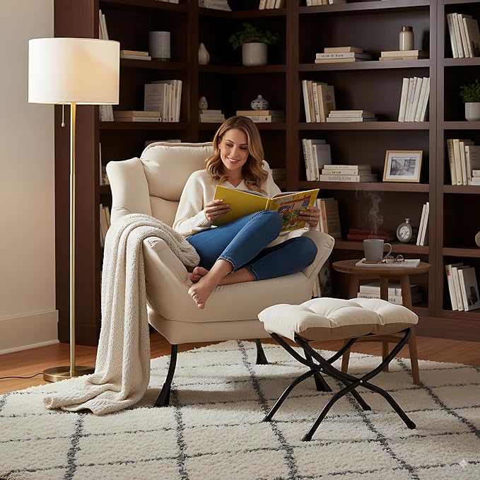 Lazy Chair with Ottoman, Comfy Accent Reading Chair, Removable Cover, with - Image 7