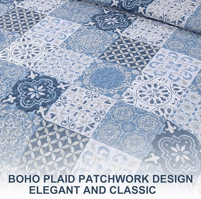 Quilt Set Queen Boho Plaid Patchwork Bedspreads Coverlet, Mineral Blue | 3Pcs - Image 8