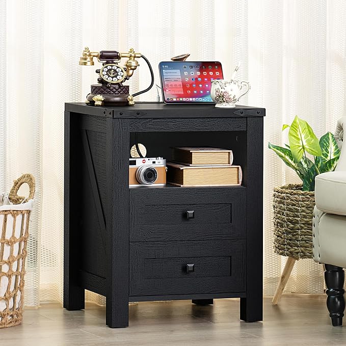 Joaxswe Nightstand with Charging Station and 2 Drawers, Farmhouse | Black Night - Image 4