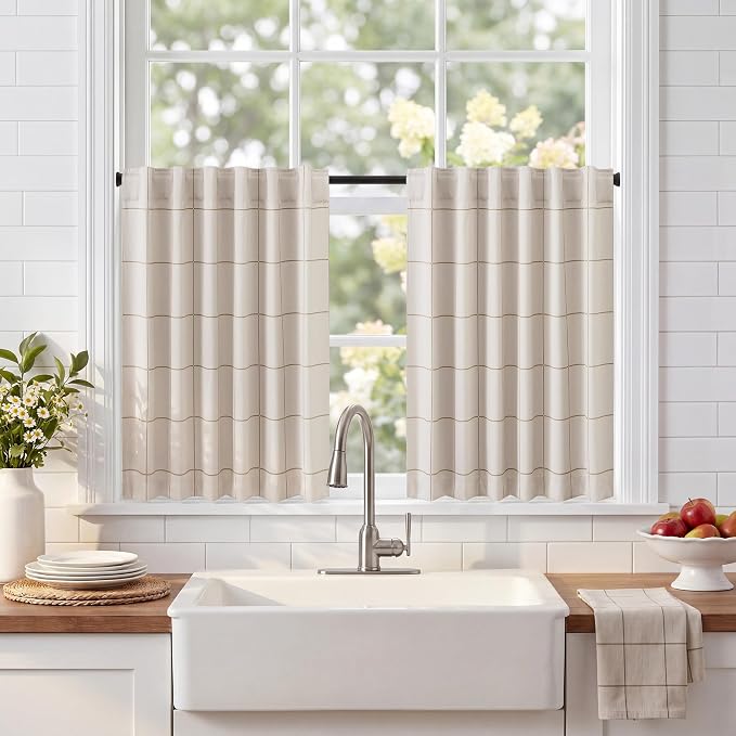 NICETOWN 100% Blackout Taupe Plaid Kitchen Curtains, 2 Panels | Rod Pocket & by NICETOWN