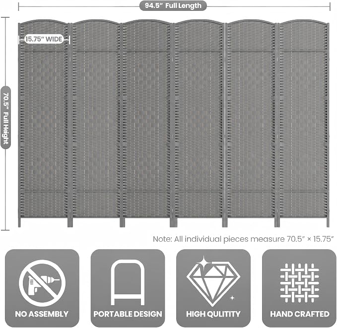 6 Panel Folding Room Divider, Woven Privacy Screen, handcrafted diamond pattern - Image 3