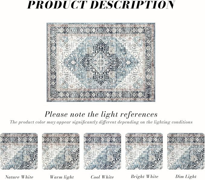 Area Rug 9×12, Large Vintage Boho Rug,Ultra-Soft Low Pile, Washable, Non Slip,Stain Resistant, Printed Carpet for Living Room Bedrooms Playroom Office Kitchen, Blue/Navy