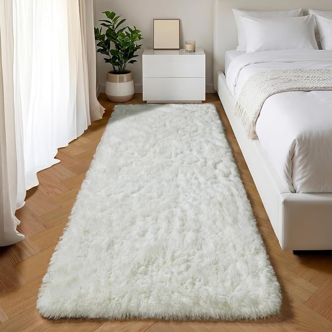Cream White Runner Rugs for Bedroom Living Room, Ivory Fluffy 2x6 Bedside by ONASAR
