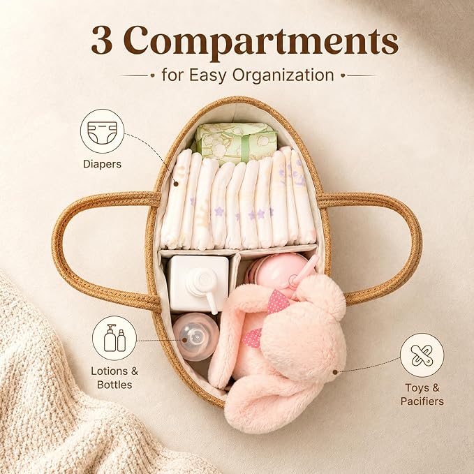 ABenkle Baby Diaper Caddy Organizer, Boho Jute Rope Nursery Storage Bin - Image 5