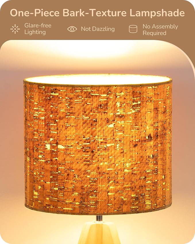 EDISHINE Small Table Lamp, Wood Tripod Nightstand Lamp, Bark Linen Shade | 14.2 - Image 3