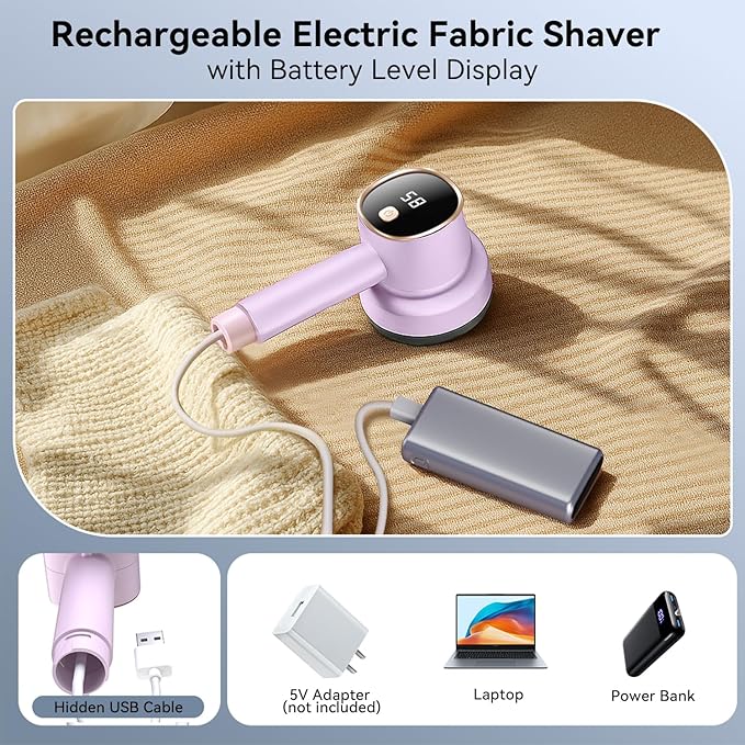 Smyeviva Rechargeable Fabric Shaver for Clothes: 6-Leaf Blades & 3 Speeds to Remove Pilling, Fuzz & Lint Balls - with LED Display, Portable Electric Lint Remover for Sweater, Couch, Blanket, Furniture