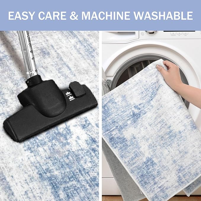 IOHOUZE Abstract Runner Rug 2x8 Ft Washable Runners for Hallways, Non Slip Kitchen Runner Printed Faux Wool Entryway Runner Indoor, Modern Floor Carpet for Hall Kitchen Bedroom, Light Blue White