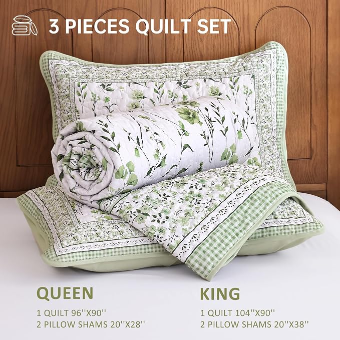 WONGS BEDDING Floral Quilt Set King, Sage Green Bedspread Coverlet Set 3 Pcs | - Image 7