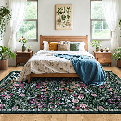 10x14 Area Rugs for Living Room: Floral Washable Rug Vintage Large Soft Boho Non-Slip Carpet Stain Resistant Low Pile Carpets for Bedroom Dining Room Farmhouse Nursery Hallway Home Office Dark Green