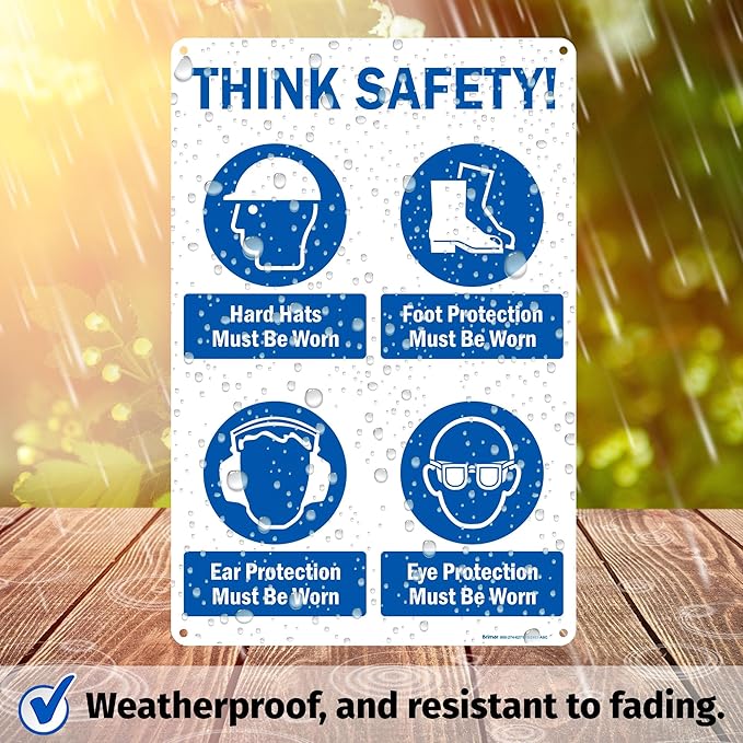 Brimar - 12" x 18" - Think Safety PPE Must Be Worn Sign - .063″ White Rust-Free Aluminum - Comprehensive Message - Easy Installation