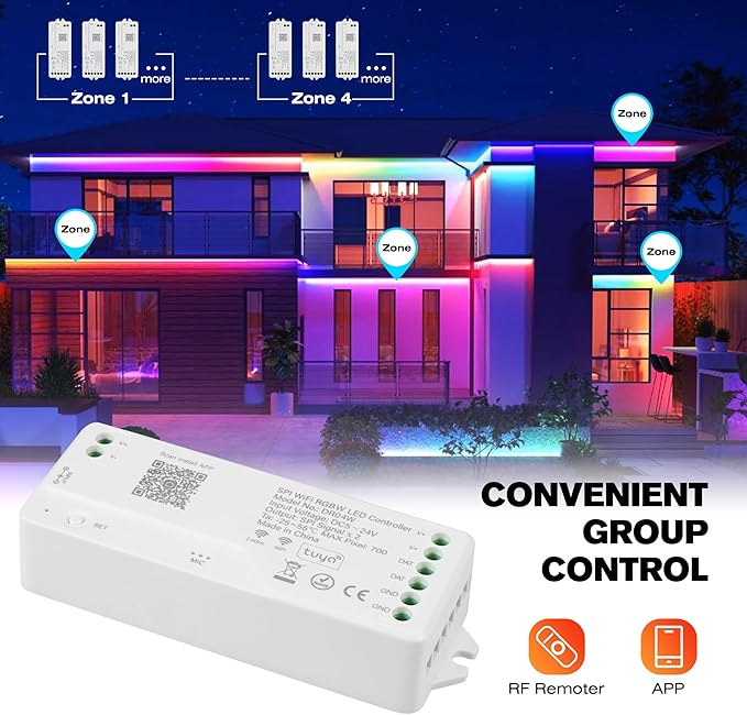 XXK DR04W WiFi SPI 5~24V RGB Controller - Designed for Addressable LED Strip Lights, Compatible with Alexa Google Home Siri Smart Life Tuya APP Control Work with RC03RF WR01RF 2.4G RF Remoter etc