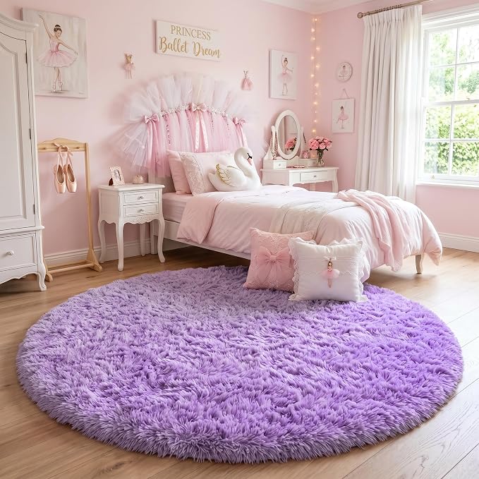 Amdrebio Purple Fluffy Round Kids Area Rug 5Ft - Image 5