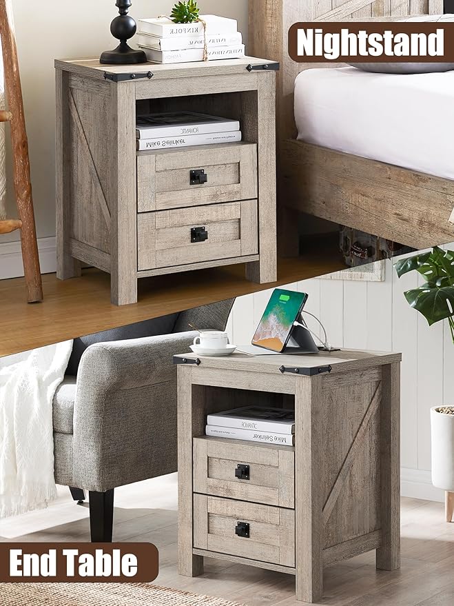 T4TREAM Nightstand with Charging Station, End Table, Side Table with 2 Drawers Storage Cabinet for Bedroom, Living Room, Farmhouse Design, Wood Rustic,Light Rustic Oak