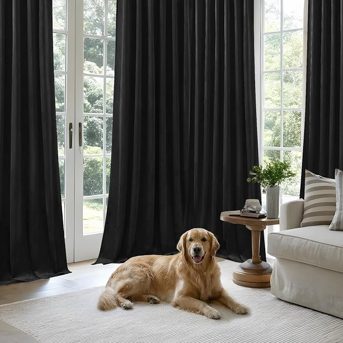 Black Velvet Blackout Curtains 102 Inches, Floor to Ceiling Drapes Back Tab | - Image 6