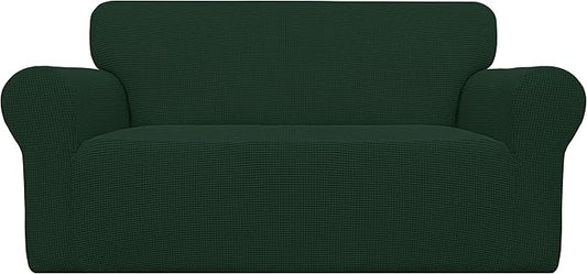 Easy-Going Stretch Loveseat Slipcover 1-Piece Sofa Cover Furniture Protector Couch Soft with Elastic Bottom for Kids Polyester Spandex Jacquard Fabric Small Checks (Loveseat, Dark Green)