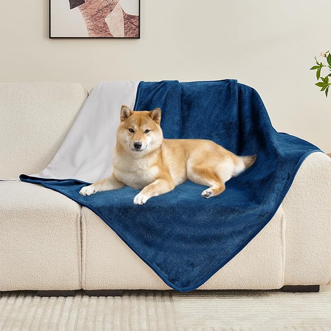 Waterproof Blanket 60"x80" for Adults, Reversible Waterproof Bed Cover for Dogs Cats Pets, Soft Leakproof Blanket for Bed Couch Sofa Furniture Protector, Navy Blue/Light Grey