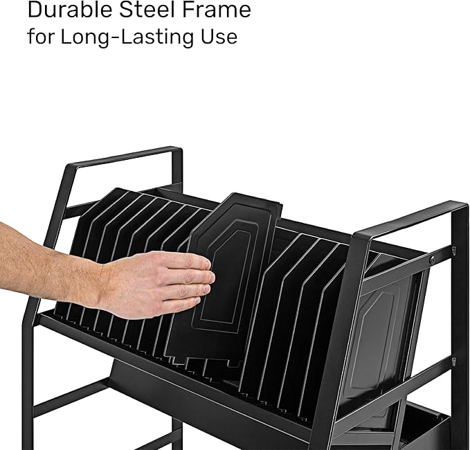 Line Leader 16-Device Mobile Charging Station | Steel Rolling Cart for Laptops, Tablets, & Chromebooks | Open Design with Dividers & UL-Certified Surge Protection | Portable Charging Stand (Black)