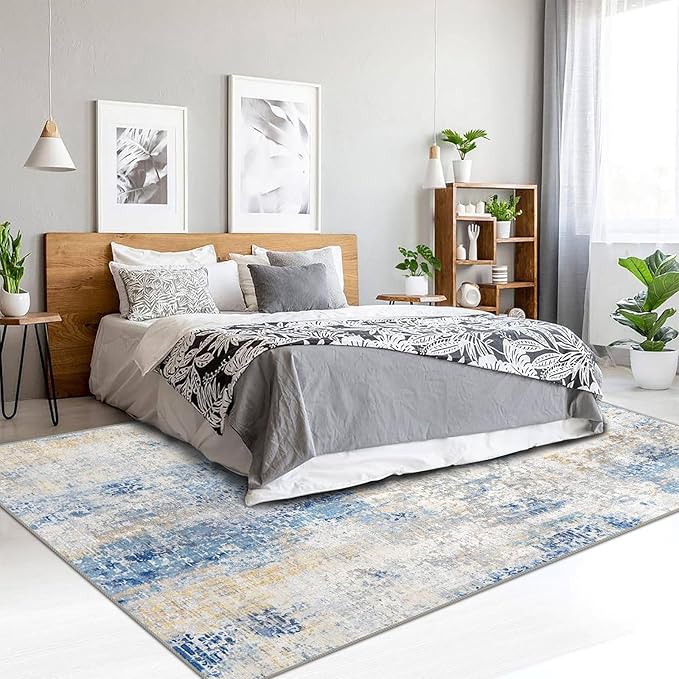 vivorug 9x12 Area Rugs for Living Room, Non Slip Machine Washable Modern Abstract Rug, Ultra-Thin Lightweight Large Area Rug for Bedroom, Dining Room, Low Pile, Blue Ivory Yellow