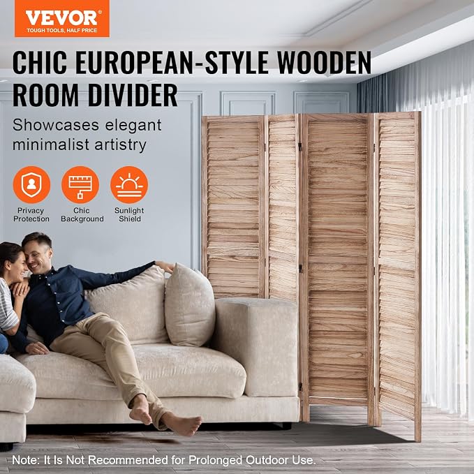 VEVOR Wood Room Divider, 4 Panel Wood Folding Privacy Screen, 66.9 Inches Tall - Image 2