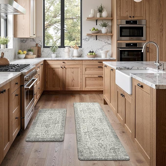 GENIMO Kitchen Mats for Floor 2PCs, Washable Anti Fatigue Mat for Cushioned, 17.3"x59"+17.3"x30", Waterproof Kitchen Rugs, Non Slip Comfort Standing Mat Rug for Home, Sink, Laundry, Stone Gray