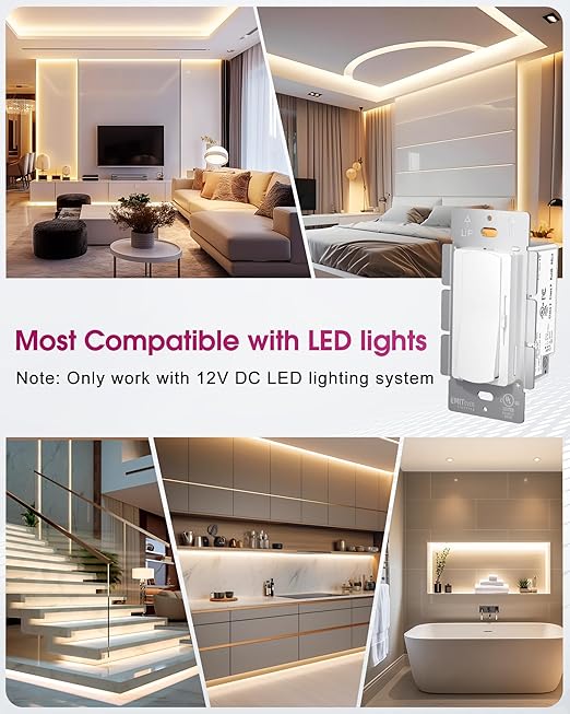 Dimmer Light Switch & 12V 120W Dimmable LED Driver 2 in 1, UL Listed Class 2 Single-Pole or 3-Way Slide Dimmer Switch for Led Lights,120VAC to 12VDC Power Supply for Low Voltage Project, Glossy White