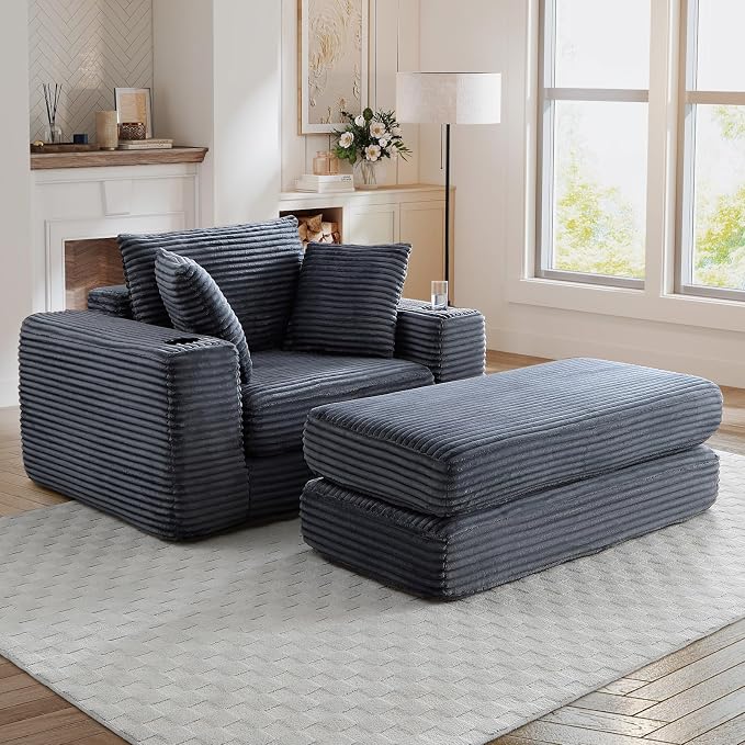 Oversized Chaise Lounge Chair Indoor, 52.4" W Corduroy Upholstered Fluffy Comfy - Image 6