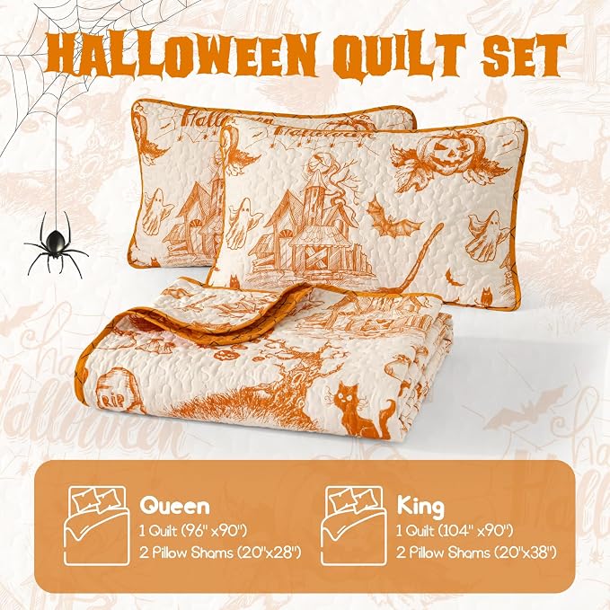 WONGS BEDDING Queen Pumpkin Castle Quilt Set, Halloween Bedspread Bedding | - Image 7