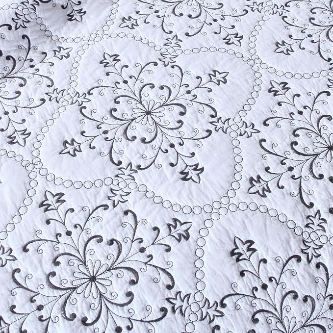 ROOMLIFE Quilt Set King Size 3D Floral Embroidery Pattern 3-Piece Cotton - Image 4