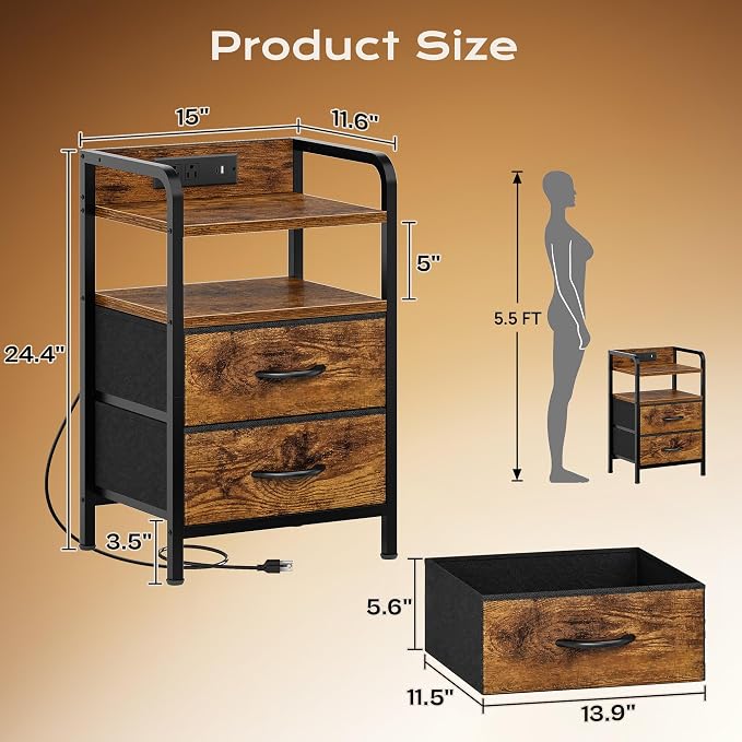 Huuger Nightstands Set of 2, Night Stand, Charging Station and USB-C Ports - Image 3