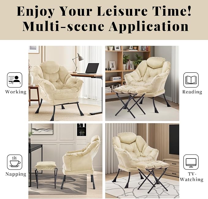 Lazy Chair with Ottoman, Comfy Reading Chair, Khaki | Cushioned Seat with - Image 8