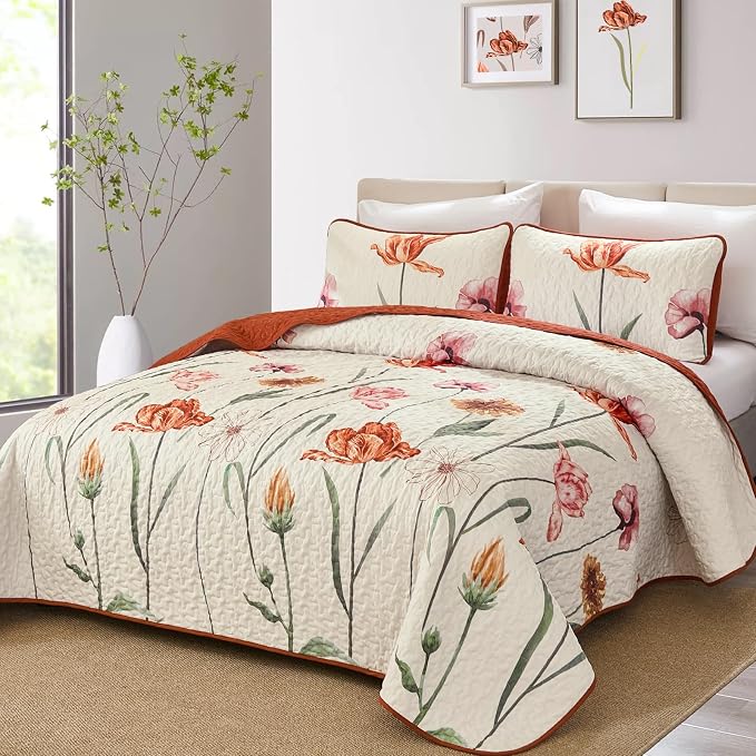 WONGS BEDDING Floral Quilt Set King, Shabby Chic Terracotta Cream Floral - Image 2
