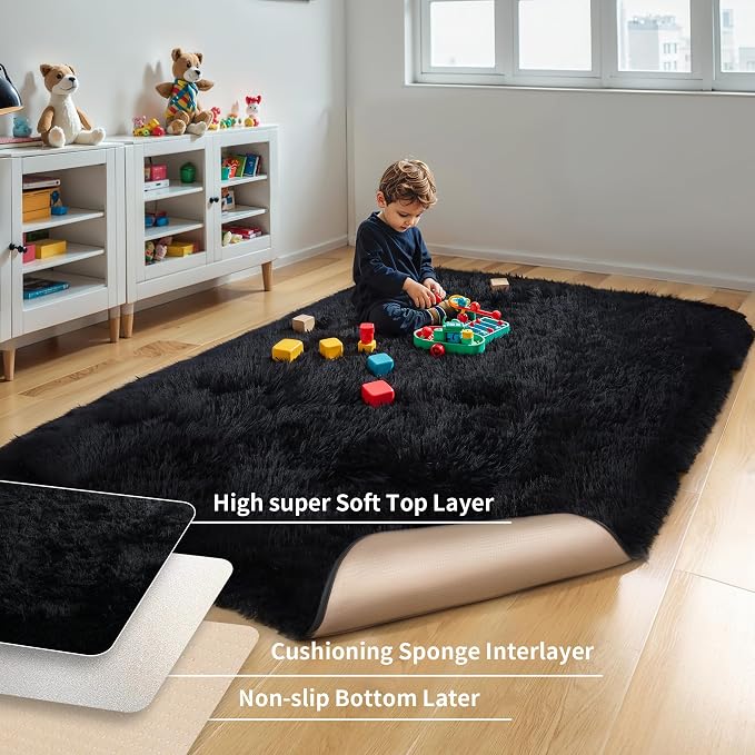 5x7 Thick Black Shag Rug for Bedroom, Soft Plush Fluffy Carpet | Area Rug for - Image 4