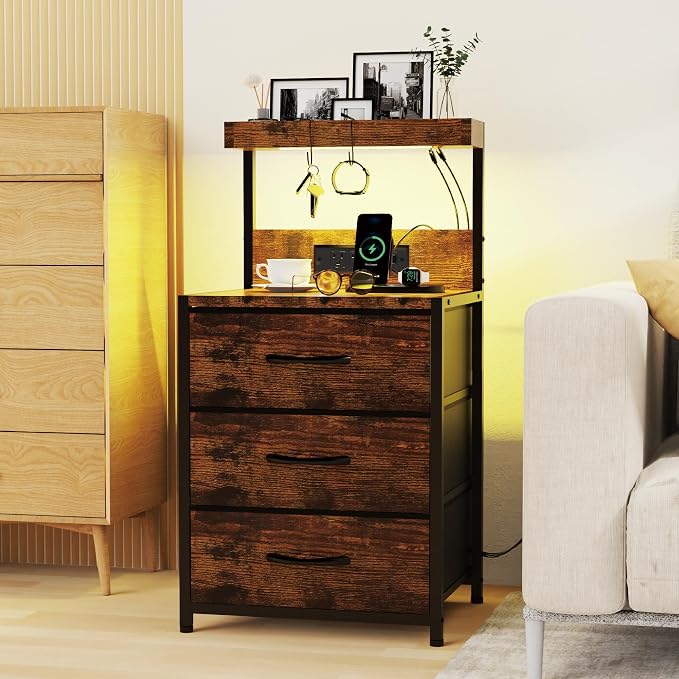 SZLHANJZ Nightstands Set of 2, LED Light and Charging Station, 3 Drawers | - Image 8
