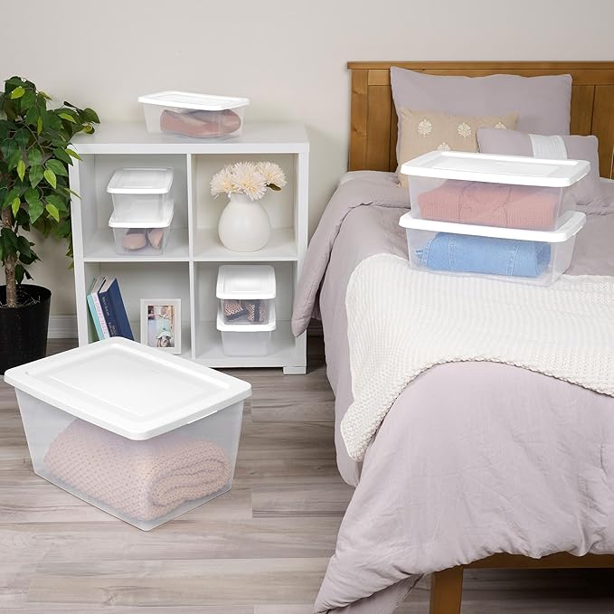 Sterilite 24 Pack Storage Box, 58 Quart Stackable Tote, Clear Plastic Container with Secure Snapping Lids for Home and Office Organization, White