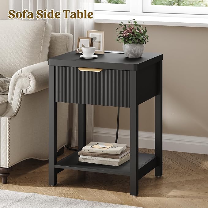 Night Stand Set 2, Fluted Wood Nightstands w/Charging Station - Image 2