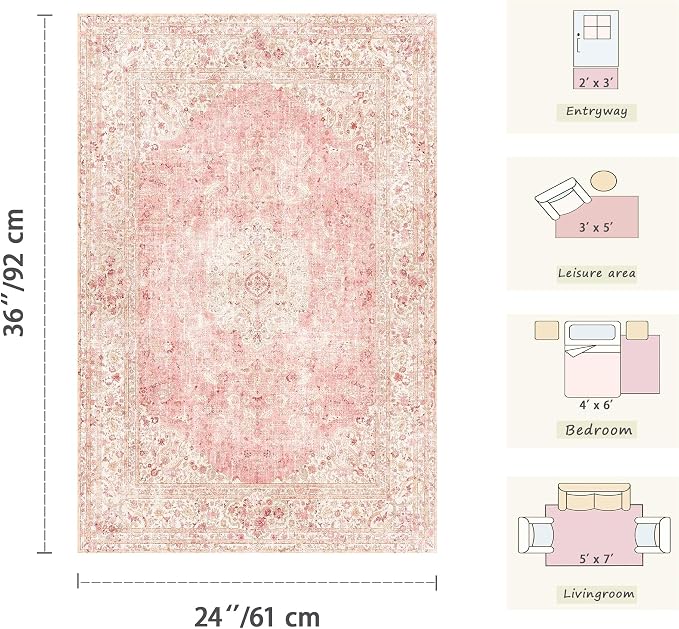 Latte&Fog Washable Entryway Rug 2x3, Vintage Pink Area Rugs - Image 2