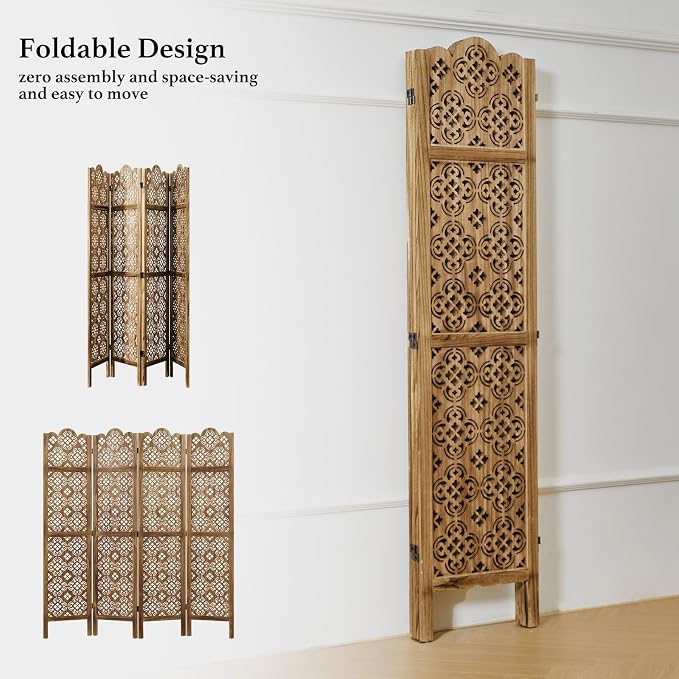68.9Inch Folding Room Divider, 4 Panels Wood Carved Privacy Screens - Image 5