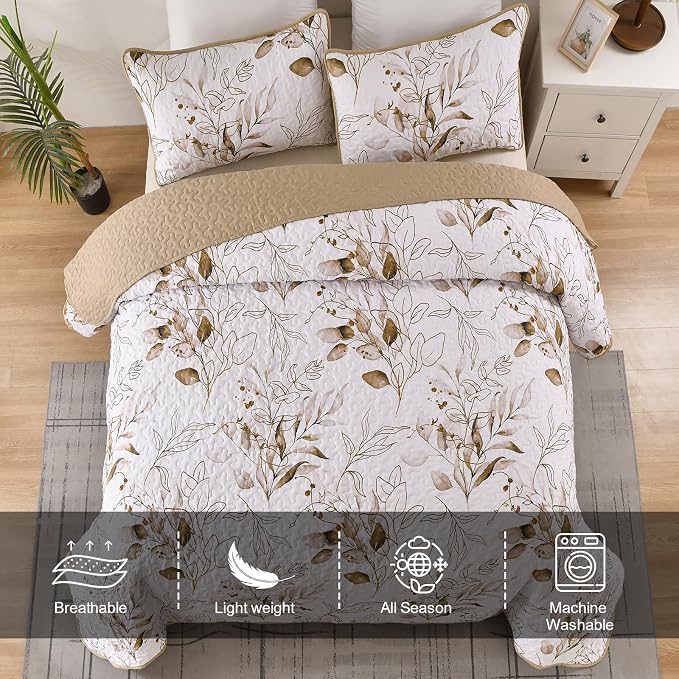 Anibedding Brown Quilt Set King, Fall Botanical Bedspread Bedding Set | Soft - Image 4