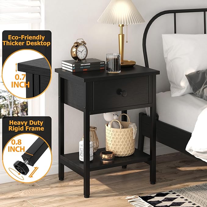 Nightstands Set of 2 with Drawers, Bedside Table Set of 2 with Storage Shelf - Image 4