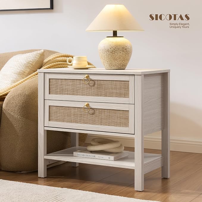 SICOTAS White Rattan Nightstand, Wide Bedside Table - Image 6