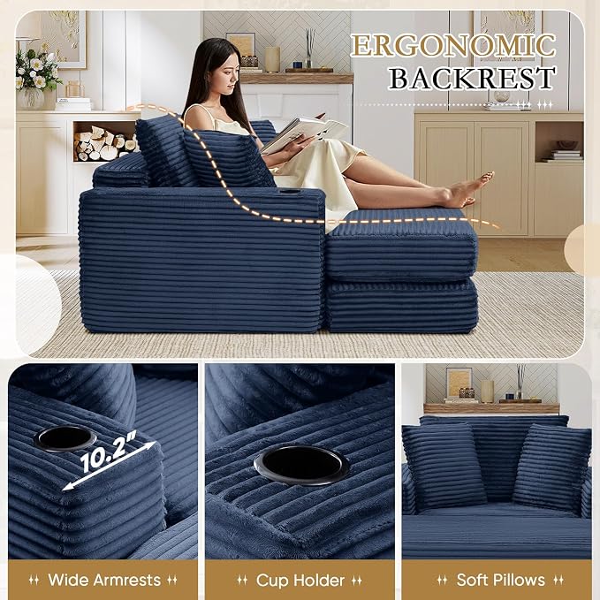 Oversized Chaise Lounge Chair Indoor, 52.4"W Corduroy Upholstered Fluffy Comfy - Image 5